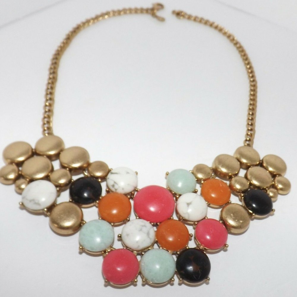 J. Crew Factory Gold Necklace with Pink, Orange, Black, Mint & White Cabochons